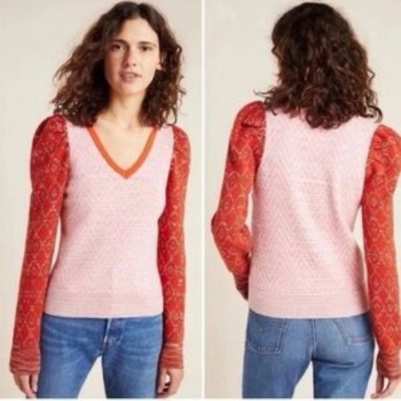 Anthropologie Cherie Puff Sleeve Sweater Medium Red pink cozy v-neck soft boho - Picture 1 of 14